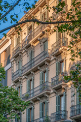 Classic European Residential Building Facade, Balconies, Green Shutters, Warm Sunlight © ikuday