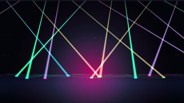 Neon Light Laser Beams Moving Aerial Drone View In Night Cityscape With Dynamic Motion And Cinematic 4K Footage