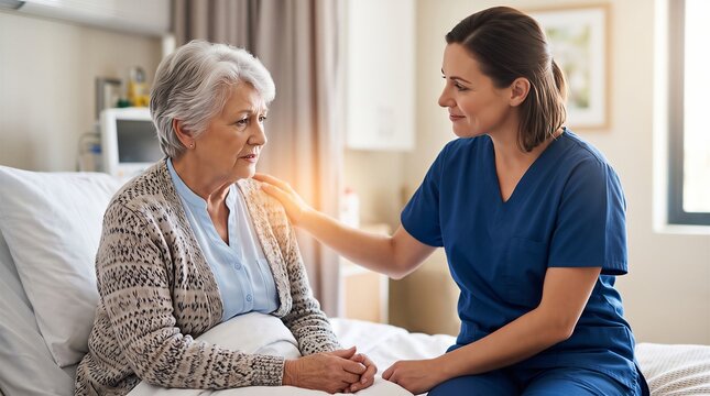 Young woman nurse comforting senior woman patient sitting on hospital bed. Caregiver supporting elderly patient with empathy and kindness. Healthcare, medicine and elderly care concept.
