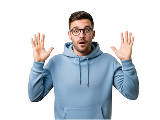 Fototapeta premium Man raising hands with surprised expression