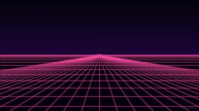 Neon Grid Landscape Aerial Drone View Slow Motion Panning Cyberpunk Futuristic Scene With Dynamic Camera Movement