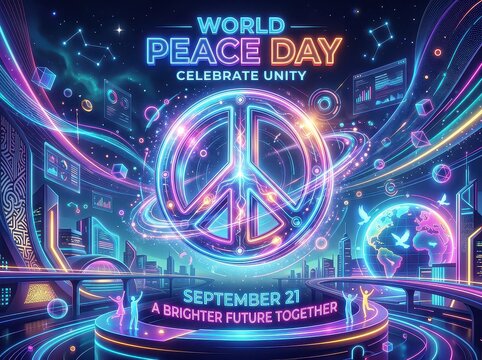 Futuristic neon cyberpunk poster for World Peace Day with glowing globe and doves