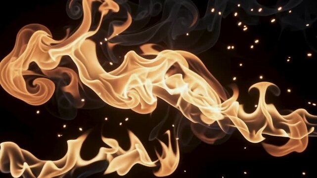 Abstract burning fire trail with golden floating sparks against deep black background clip.