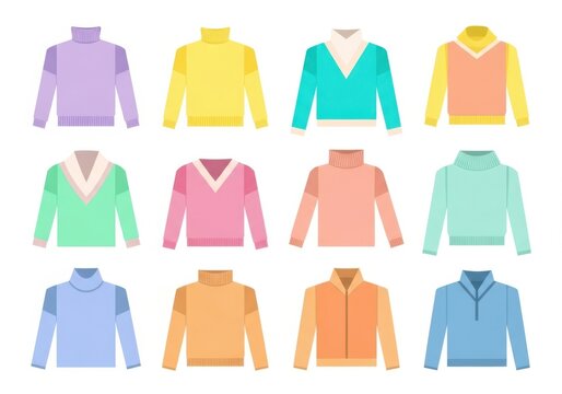 Set of various colorful knitted sweaters and pullovers with different necklines