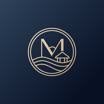 Luxury tropical resort and real estate letter M logo vector illustration featuring a circular badge with ocean waves, a beach bungalow, and a sun.