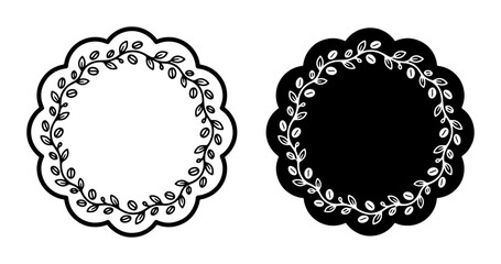 Fototapeta premium Scalloped Circle Frames with Delicate Leafy Vines, Black and White Decorative Borders, Elegant Floral Embellishments for Design Projects