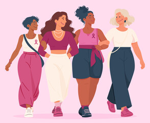 Fototapeta na wymiar Illustration de quatre femmes diverses marchant bras dessus bras dessous avec des rubans roses pour Octobre Rose. Groupe féminin solidaire illustrant le soutien et la sensibilisation au cancer du sein