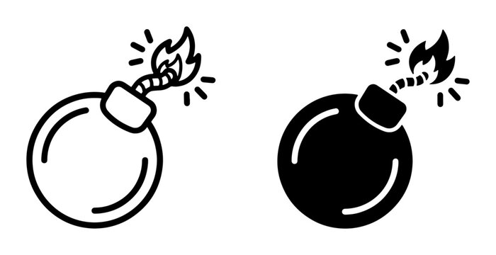 Exploding Bomb Icons, Danger Symbol Vector Graphics, Retro Dynamite Illustration, Fire Fuse Warning Sign, Black and White Blast Element