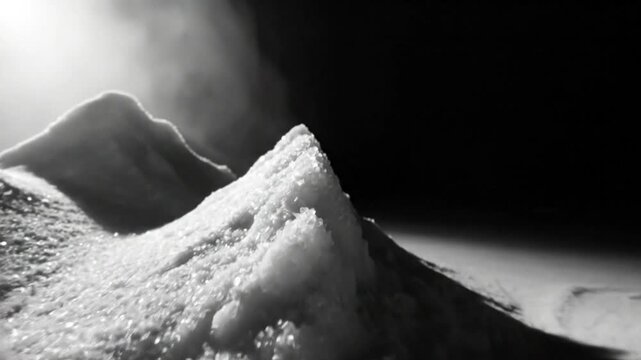 Dramatic black and white close-up shot of crystallized salt formations with light rays and vapor in a dark environment