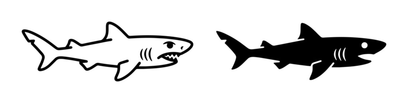 Two Shark Vector Icons: Outline and Silhouette, Marine Predator Graphics, Ocean Wildlife Art, Danger Symbolism, Aquatic Creature Design