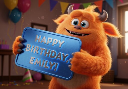 Cute orange furry monster holding a happy birthday emily sign