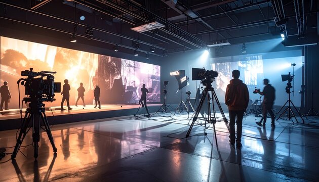 Professional film production team working on a virtual stage with led walls led wall video studio movie production director