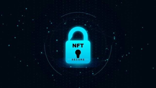 Abstract digital illustration of a secure NFT lock with binary code background signifying blockchain technology