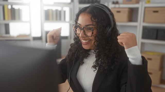 Woman with headset and microphone pumping fists at computer monitor, smiling with glasses in an office building with shelves and boxes visible; celebration joy success.
