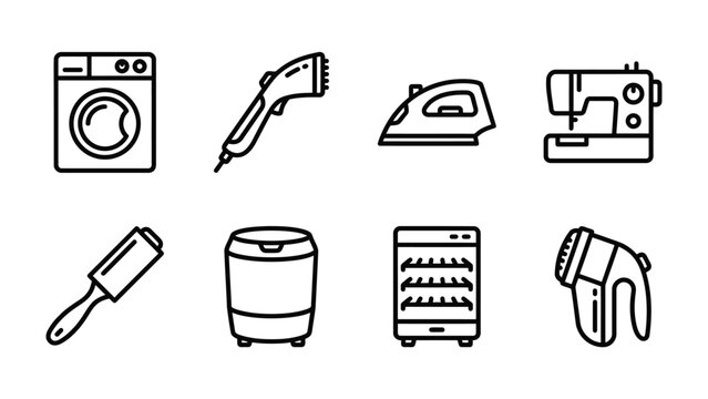 Home Appliance Icons: A collection of minimalist line art icons representing common household appliances, including a washing machine, garment steamer, iron, sewing machine, lint roller, dryer.