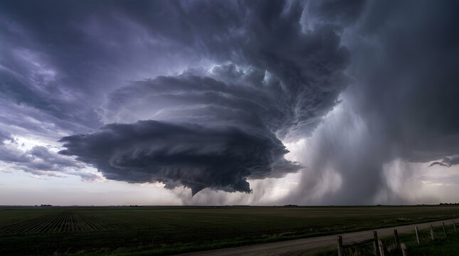 A massive supercell thunderstorm with a rotating wall cloud over a rural landscape.