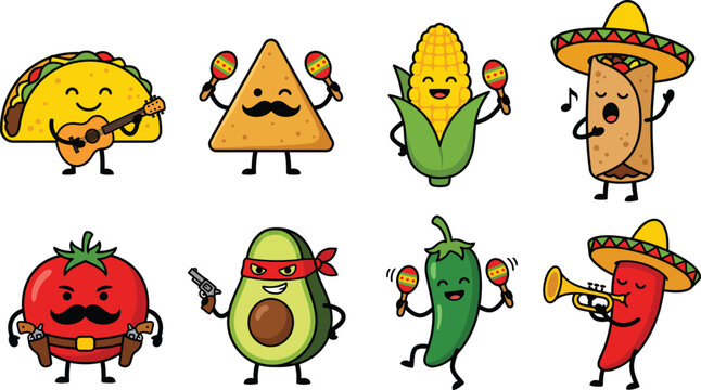 Mexican food cartoon characters set, cute taco and burrito mascot collection, funny chili and avocado vector icons