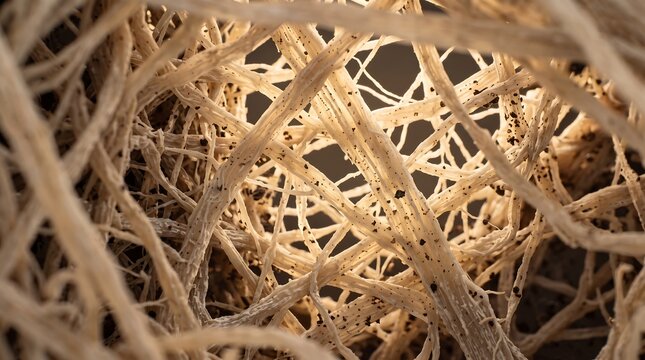Macro close up of intertwined fibrous plant roots and rhizome network organic underground strands soil botanical web texture dry tree root structure ecology abstract background design element