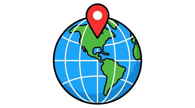 Lokasi peta dunia ikon pin merah pada ilustrasi globe bumi