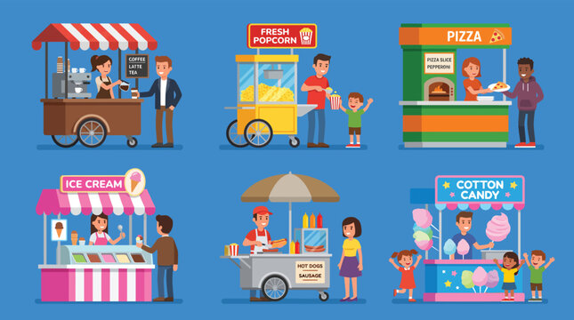 Street food cart collection with 6 flat vector illustrations. Outdoor market stalls for popcorn, pizza, ice cream, and cotton candy. Festival snack kiosks.