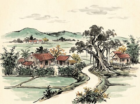 Traditional countryside of Bac Giang in Northern Vietnam, peaceful rice paddies surrounding old tiled-roof village houses, bamboo hedges traditional Vietnamese xieyi sumi-e ink wash landscape painting