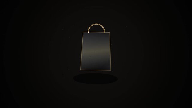 Cinematic Shopping Bag Motion Tracking Shot In Dark Background With Gold Outline And Digital Style For Commercial Use