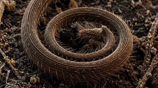Scanning Electron Microscope Close-Up of a Coiled Bristled Micro Organism and Millipede Structure