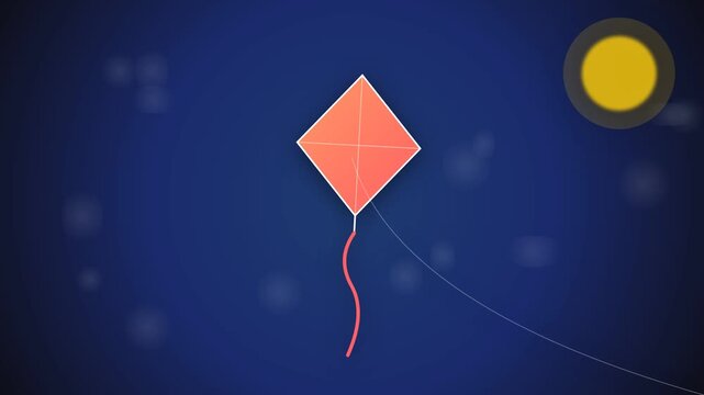 Colorful kite flying against a deep blue sky with sun