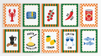 Fototapeta premium Retro Italian food posters, set of 10 vintage kitchen art prints. Mediterranean dining wall decor with lobster, pasta, and wine illustrations.
