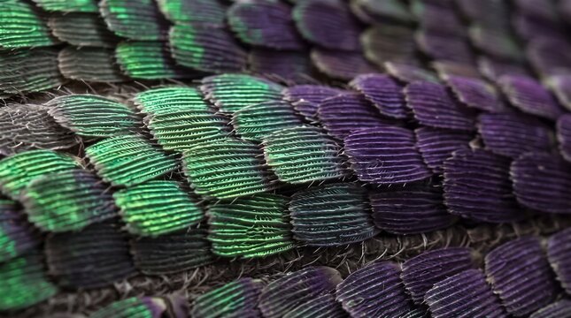 Microscopic macro close up of iridescent green and purple butterfly wing scales shimmering structural color texture natural biological pattern entomology wildlife organic abstract background