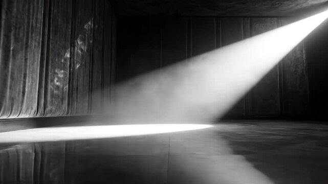 Dramatic theatrical stage with bright spotlight illuminating empty performance space in a dark room with dusty atmosphere.