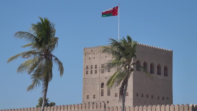 An ancient clay fortress from the time of tribal wars in the deserts of Oman, restoration of buildings