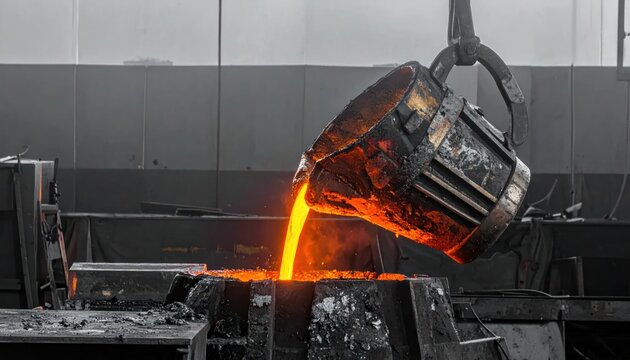 Molten metal being poured from a crucible in a foundry, symbolizing industry and manufacturing