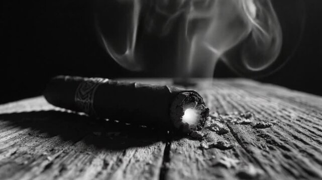 Black and white close up of a lit cigar smoking on a weathered wooden surface with a dark background