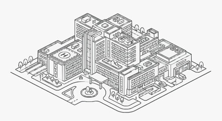 Fototapeta premium Isometric Sketch of Urban Office Complex with Network Infrastructure Icons