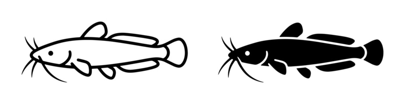Catfish Icon Set, Simple Outline and Silhouette Vector Graphics for Aquatic Themes, Fishing, and Wildlife Illustrations