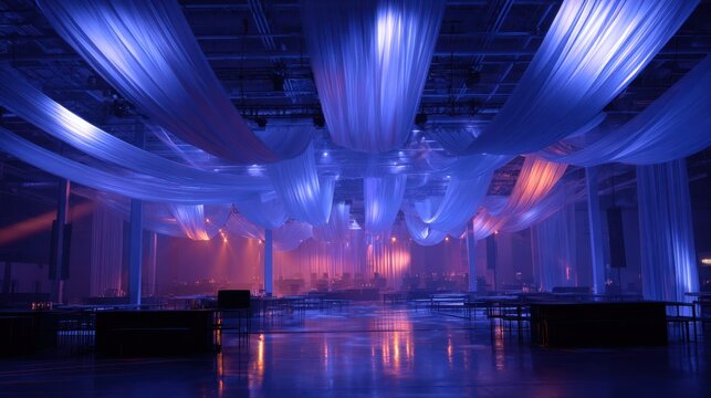 scenography for corporate event in a large indoor venue with high ceilings and no windows using floating tensile fabric structures and LED strip lighting