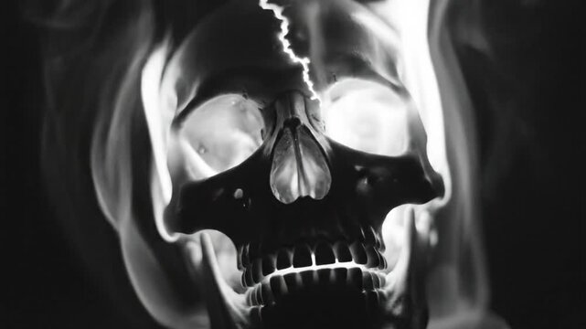 Black and white spooky skull with cracks and swirling smoke effect in cinematic horror scene.