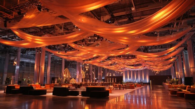 scenography for corporate event in a large indoor venue with high ceilings and no windows using floating tensile fabric structures and LED strip lighting