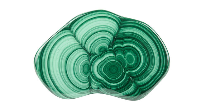 Polished malachite gemstone with green concentric circles, banded mineral stone specimen, natural malachite crystal for jewelry design isolated PNG with Transparent Background