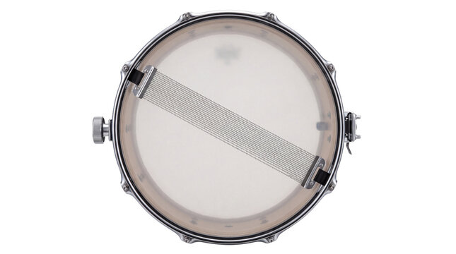 Professional snare drum bottom view, chrome percussion instrument with metal wires, musical equipment for studio recording isolated PNG with Transparent Background