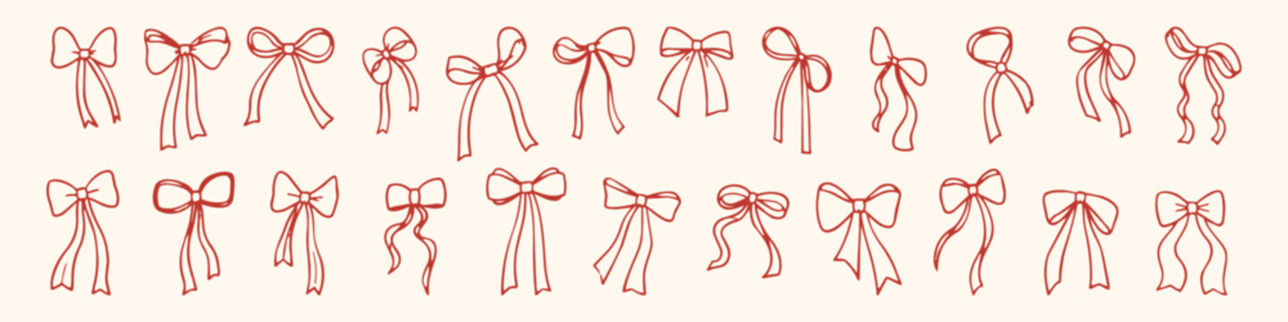 Hand drawn collection of elegant ribbon bows in red outline on a warm cream background, ideal for invitations, packaging, cards and feminine designs