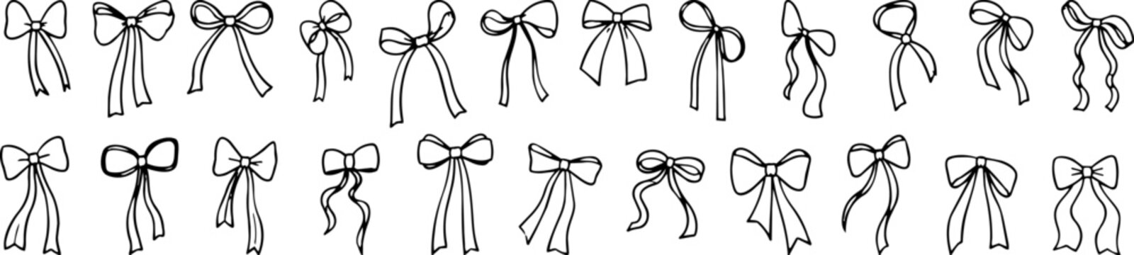 Hand drawn collection of black ribbon bows in varied shapes on transparent background, ideal for invitations, gift packaging, cards and decorative designs