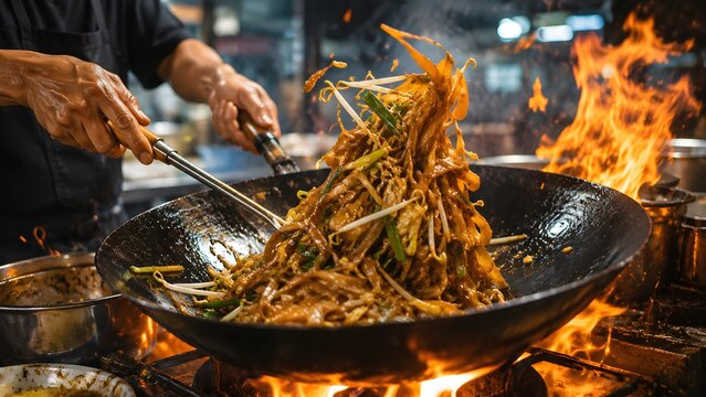 Street Food Vendor Tossing Flat Noodles in Flaming Wok