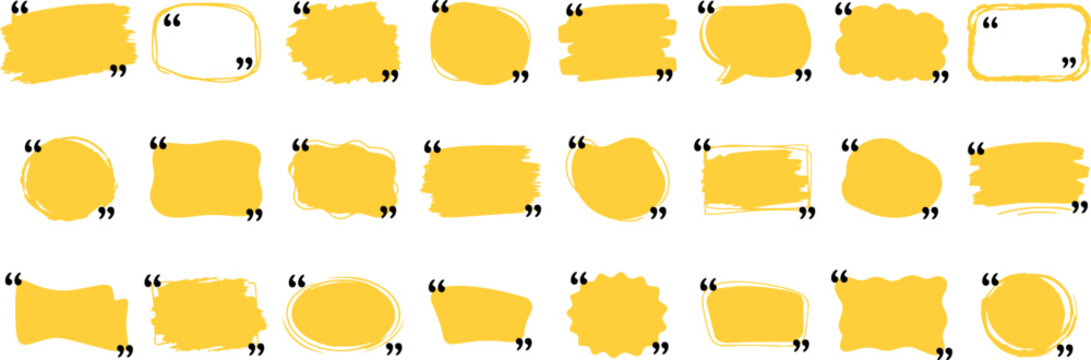 Yellow hand drawn quote frames with black quotation marks in varied brush and organic shapes, ideal for social media, text highlights, cards and posters