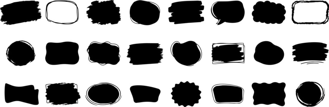 Hand drawn black abstract frames and brush shapes in varied organic forms on transparent background, ideal for text highlights, labels, posters and social media
