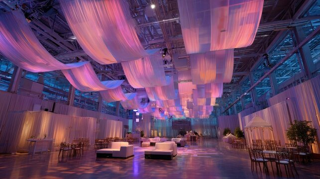 scenography for corporate event in a large indoor venue with high ceilings and no windows using floating tensile fabric structures and LED strip lighting