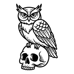 Obraz premium Owl Perched on Skull Black and White Tattoo Illustration