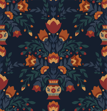 Vector seamless pattern with flowers in a vase in flat style on dark background. Texture with silhouette of blooming wildflowers ornament