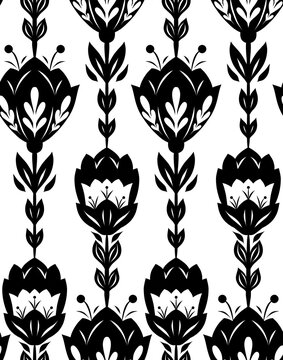 Vector decorative pattern with black folk art flowers in a row on white background. Rustic texture with monochrome silhouette of wildflowers.